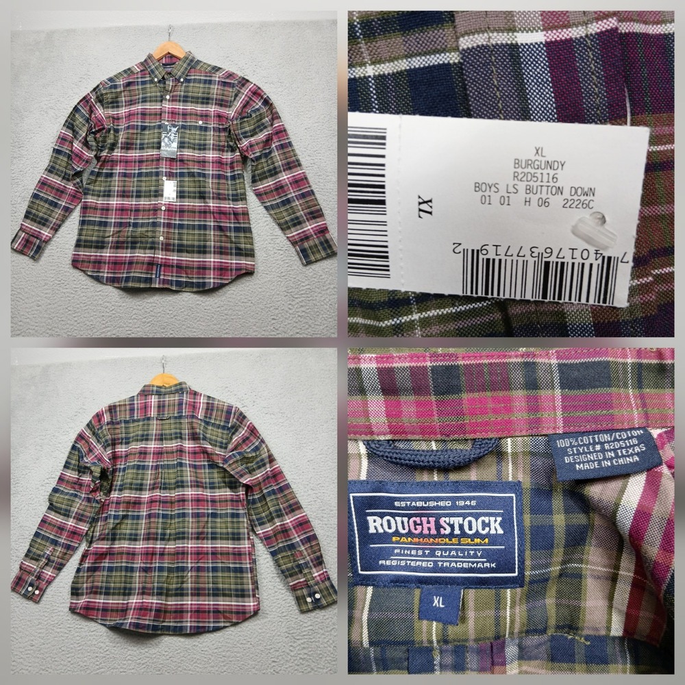 Rough Stock Panhandle Slim Boys‎ XL Plaid Button Down Shirt Burgundy NWT